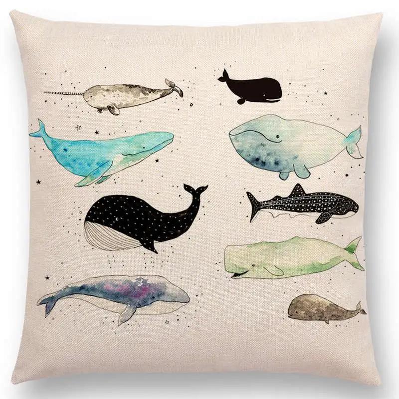 Newest Fashion Nordic Style Whale Cushion Cover Ocean Whales Home Pillow Case Linen Cotton Pillows Covers