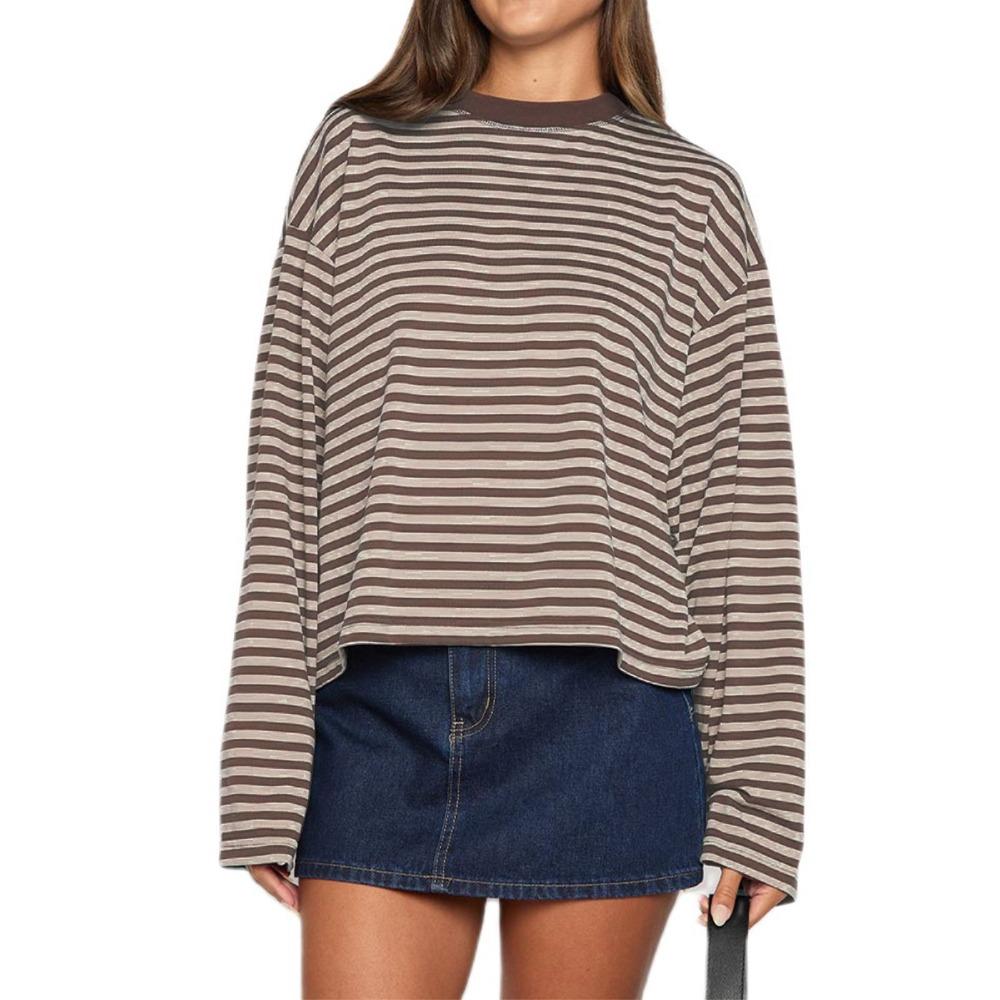 Women s Crew Neck Long Sleeve Striped Oversized Casual Tee Tee Shirt for Fall Daily Wear S