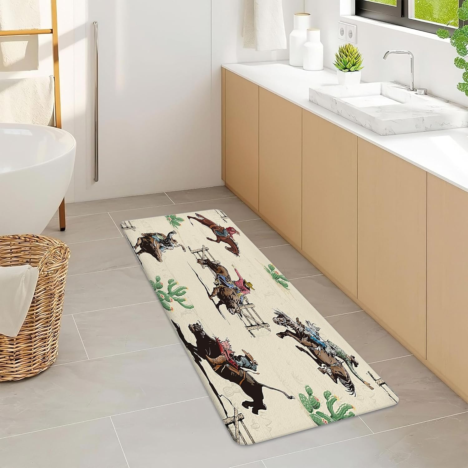 

Западный коврик для ванной, Коврик для ванной Дикая лошадь пустынный кактус, Деревенский коврик для ванной в стиле фермерского дома Американский Дикий Запад пустыня с ковбоями, 17X48 дюймов