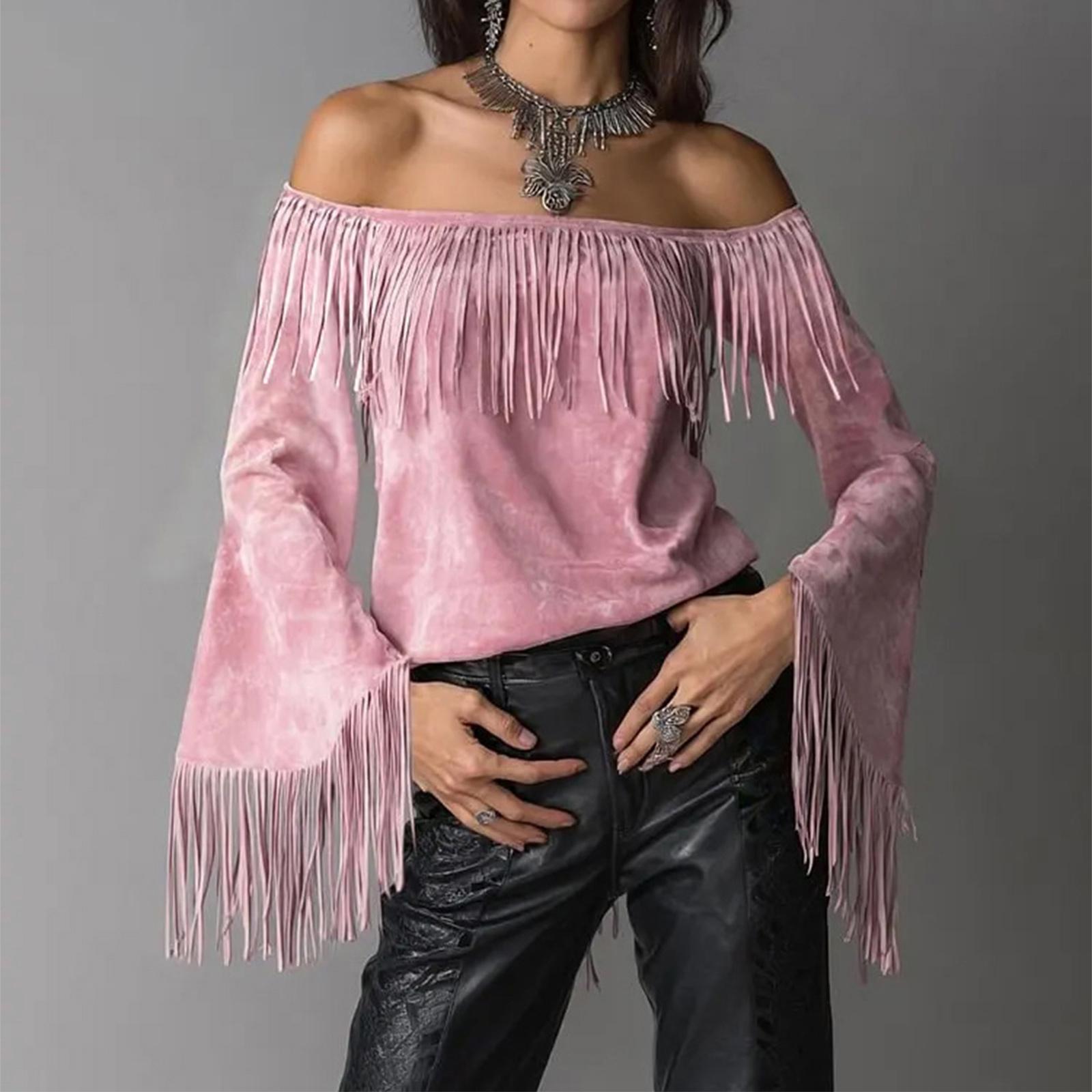 Damen Off-Shoulder Vintage Westernhemd mit und ausgestellten langen Ärmeln XXL rosa
