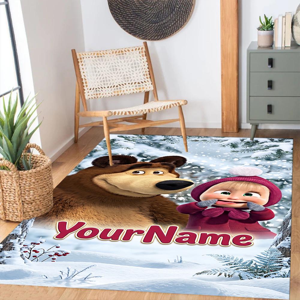 Masha Bear Customize Text Floor Mat Perfect for Dormitory Balcony Game Room Dining Room Anti-slip Rug Anime Office Decor