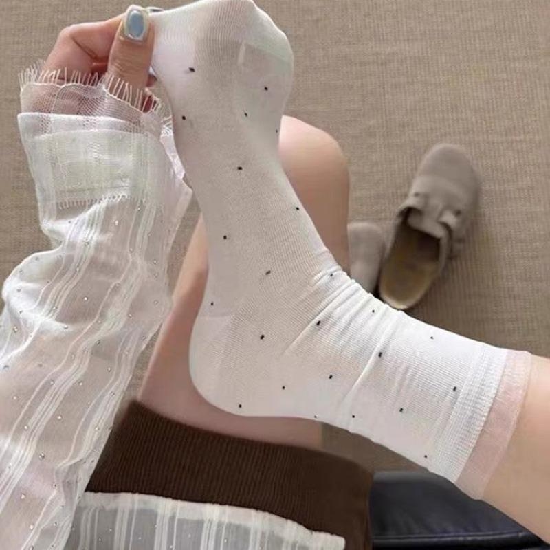 5 Pairs of Spring and Summer Polka Dot Lace Mid-calf Socks, Ballet-style Pile Socks, Teenage Mid-calf Socks