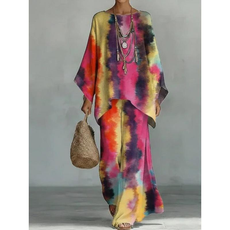 16 European and American artistic sense abstract graffiti set, round neck bat sleeve top + wide-leg pants loose two-piece set