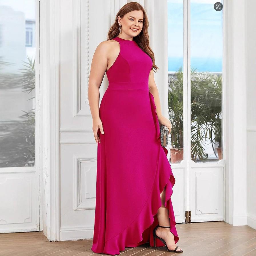 

Европейское и американское раздельное модное однотонное длинное платье с круглым вырезом Large (L) розы красного