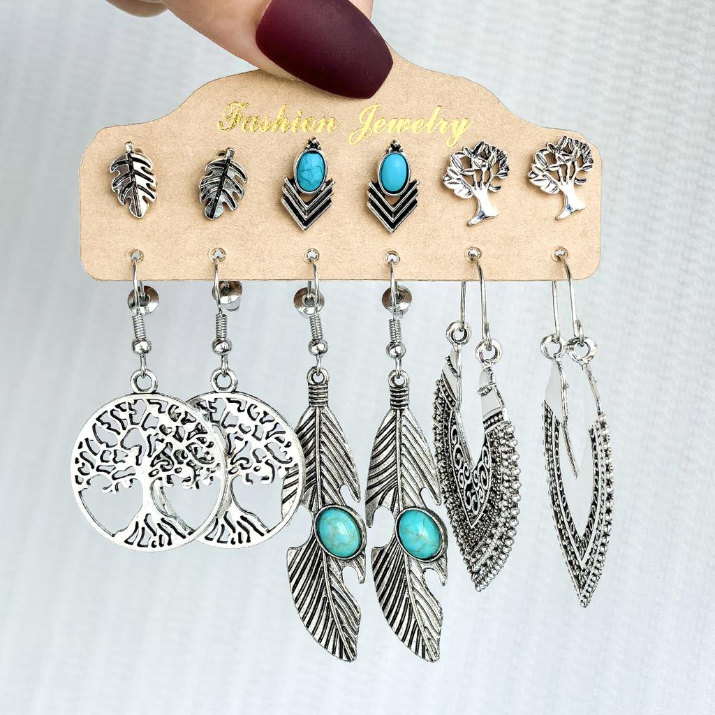Vintage Turquoise Tibetan Silver Color Earring Sets For Women Boho Ethnic Geometric Heart Shape Leaf Shell Drop Earrings Jewelry