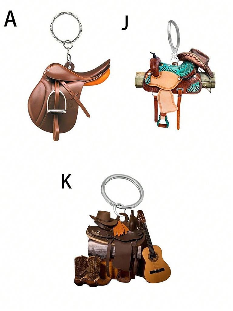 1 Pc Western Cowboy Saddle Acrylic 2D Keychain Pendant Personalized Decoration Universal Men's and Women's Flat Keychain
