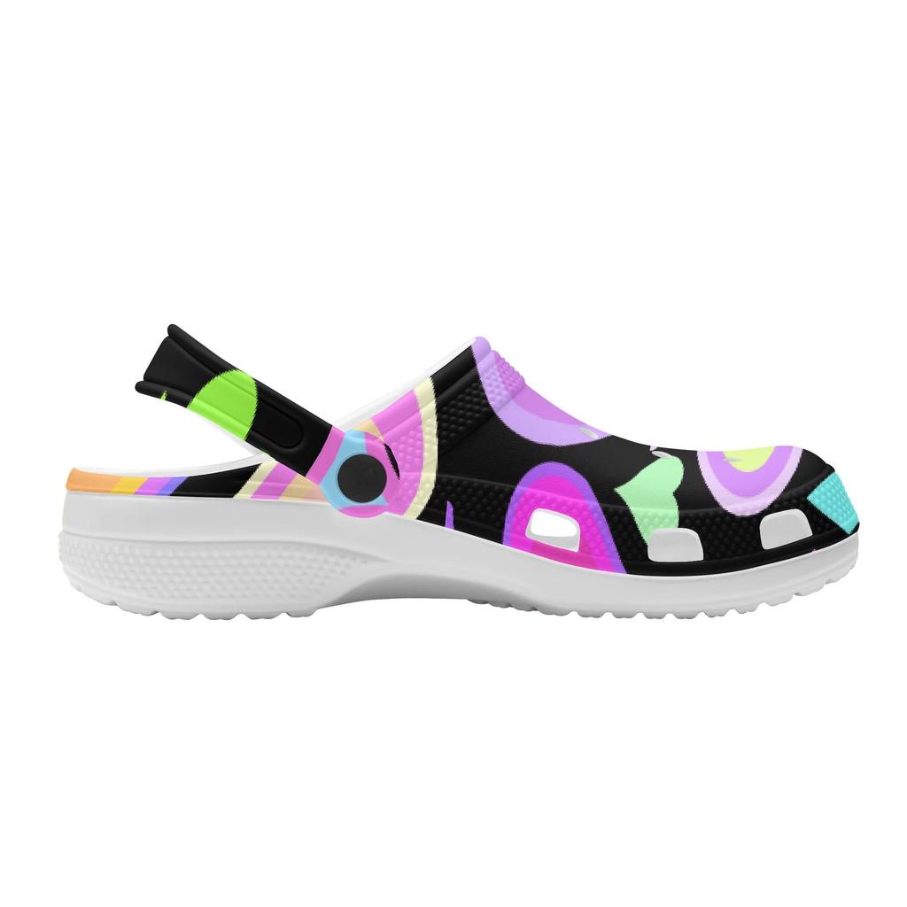 White EVA Clogs with Rainbow Feather Print, Lightweight Slip On Garden Shoes, Breathable Beach Sandals, Indoor Outdoor Slippers for Men Women