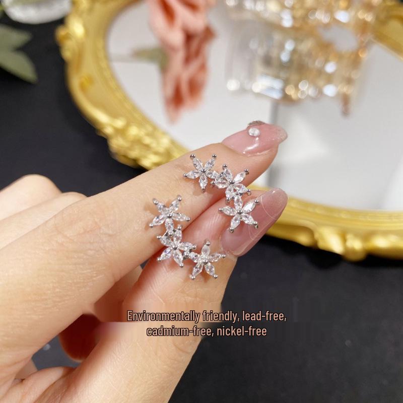 Korean Rhinestone Five-Petal Flower Stud Earrings - Elegant Light Luxury Floral Accessories for Women
