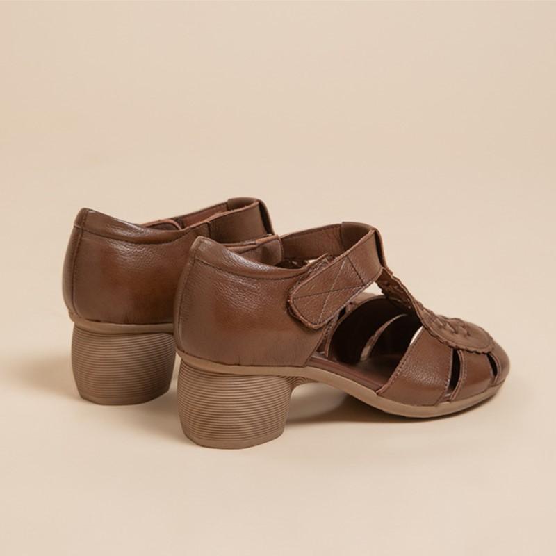 Johnature Echtes Leder Sommer Damen Schuhe Bequem Rindsleder Hohle Weiche Sohle Dicke Hohe Absätze Sandalen