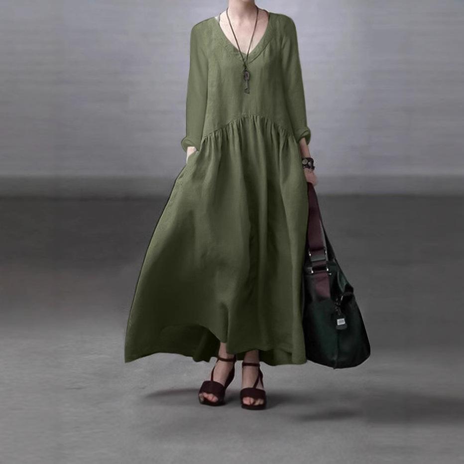 New spring and autumn fashion long-sleeved V-neck cotton and linen vest skirt women's casual solid color loose long dress