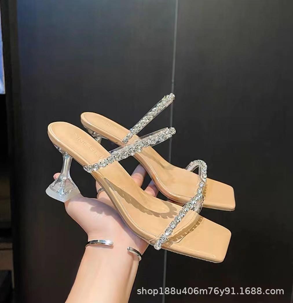 

Transparent high heels women s summer 2025 new fashion Internet celebrity stiletto with cool slippers wear rhinestone sandals 34