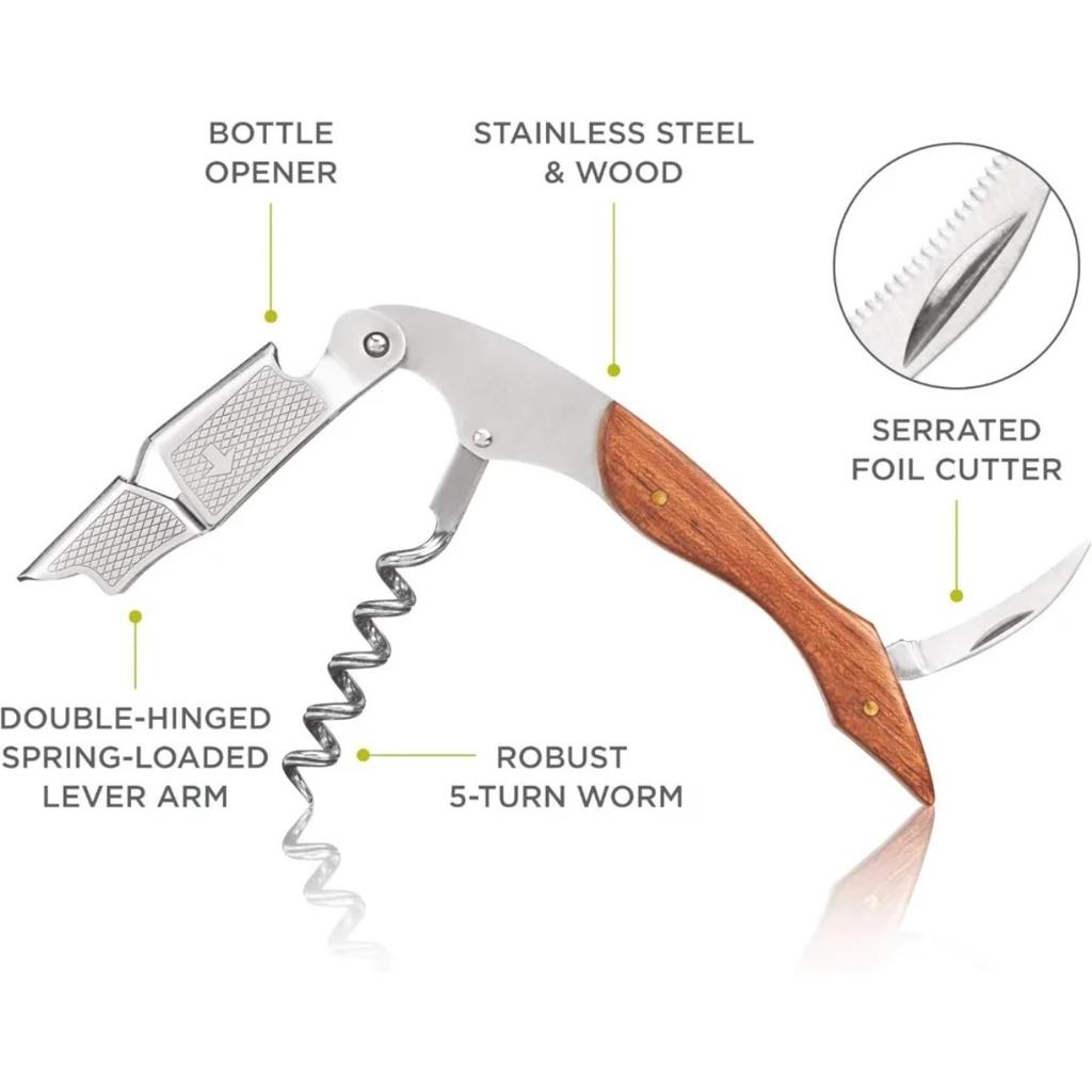 Durable Stainless Steel & Wood Corkscrew Multifunctional Spring-Loaded Double Lever Sommelier Wine Opener for Travel, Home Bar