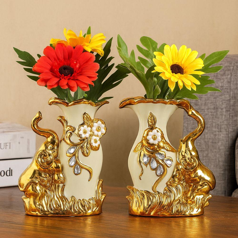 European Style Elephant Vase Modern Flower Container Flower Holder Ceramic Gold Vase  Dining Table