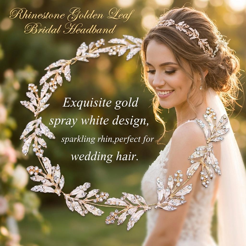 Crystal Rhinestone Hairband With Golden Leaf Design For Wedding Party