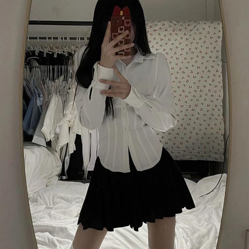 Fish Bone Waist JK Uniform Long Sleeved Shirt for Spicy Women Slim Fit and Slimming Waist Cinching Shirt with Unique Design Sense Top