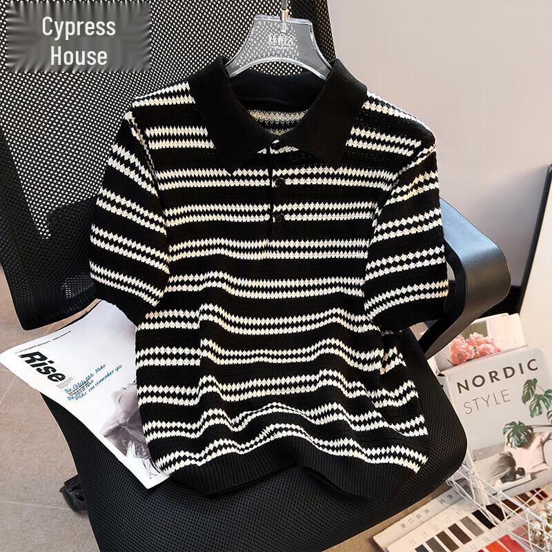 Women s Lapel Contrast Stripe Short Sleeve Knit Top M