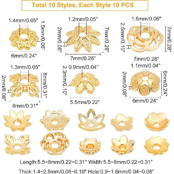 PH PandaHall 14K Gold Flower Bead Cap, 100pcs 10 Styles Bead End Caps Brass Filigree Metal Spacer Beads Caps End Charm Caps for DIY Earrings