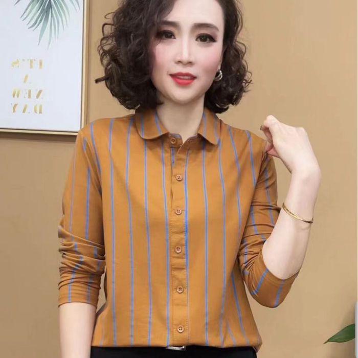 

Plus Size Striped Slimming Drawstring Back Lapel Shirt with Long Sleeves 3XL жовтий