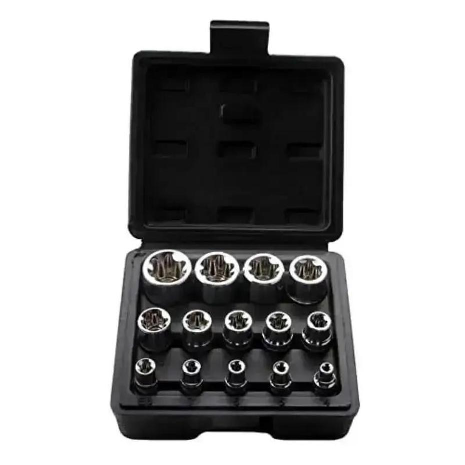 1 Set Female E Torx Socket Set With Case 1/4, 3/8 1/2 In. Drive E4-E24 External Torque Star Socket Kit 14Pcs
