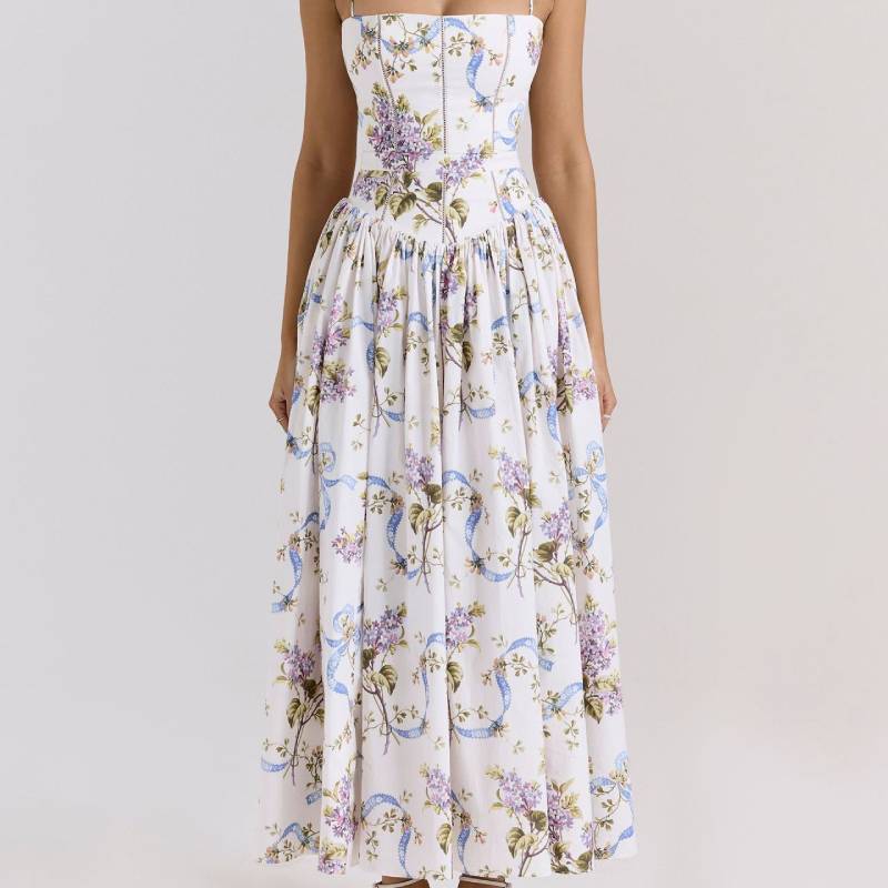 French Style Floral Sleeveless Dress With Polyester Fabric For Elegant Women