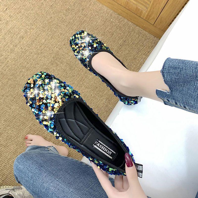 Versatile Flat-bottomed Comfortable Women's Doudou Shoes Women's Spring and Summer Fashion Sequined Soft-soled Shallow-mouth Ladyshoes Single Shoes