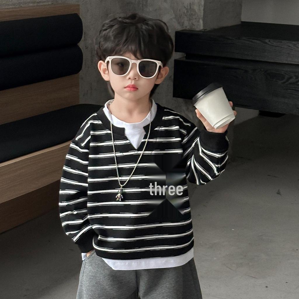 Autumn 2025 Boys' Trendy Striped Sweatshirt Set - Fashionable Early Autumn Outfit