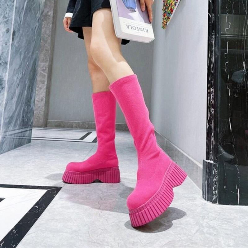 Women's Boots Thick Heel Women Knee High Boots Solid Fashion Slip On Shoes Autumn Winter Ladies Stretch Slim Long Booties