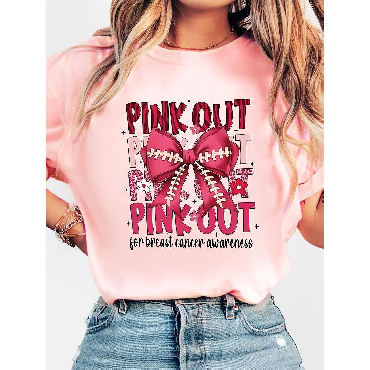 Women s fashion casual wear T Shirt Pink Football Breast Cancer Awareness Campaign Pink Ribbon Print T Shirt Short-sleeved round-neck casual S розовый