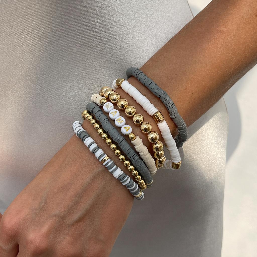 Bohemian Style Wood Bead Stacked Bracelet, Ethnic Style Letter Soft Pottery Round Bead Bracelet Female