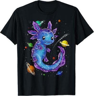 Cartoon Galaxy Axolotl Cute Space Planets Kawaii Amphibian Graphic Tee Shirt Casual Daily Unisex Cotton Tee