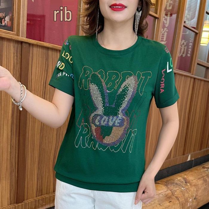 

Summer 2025 Women s Plus Size Slimming Short Sleeve Round Neck T-Shirt - Elegant Age-Reducing Belly-Covering Top with Hot Diamond Design M