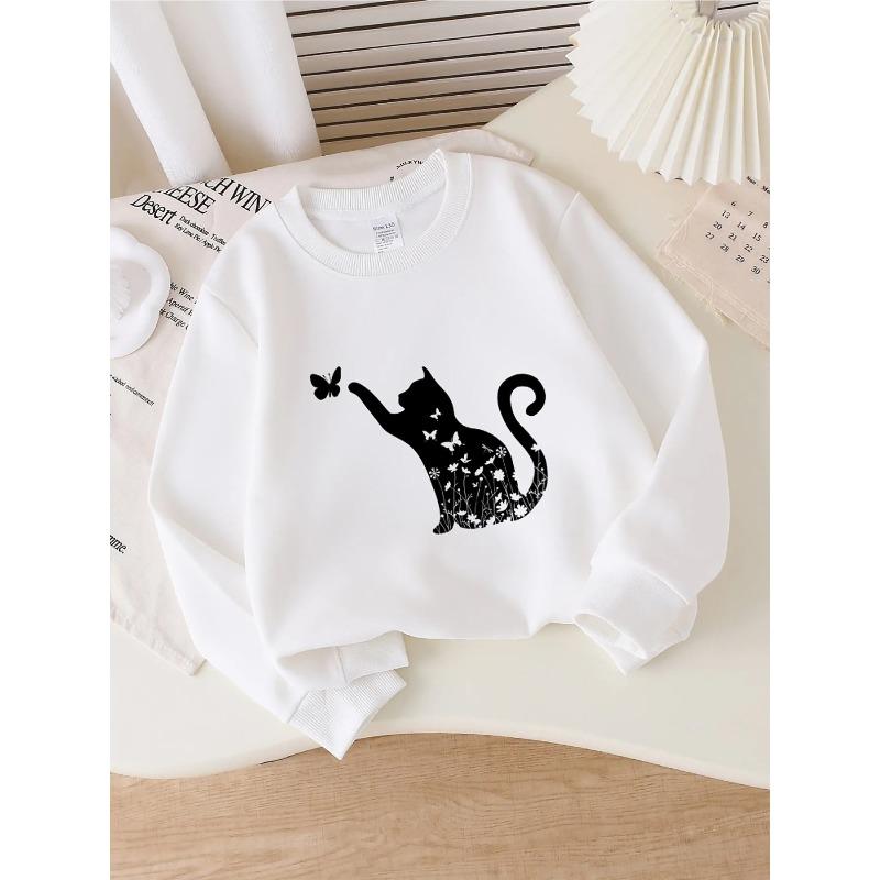 European sizes Kids  Crewneck Sweatshirt - Cat Silhouette with Butterflies And , Sportswear And Casual Wear, Soft And Comfortable, Children s Clothing 110