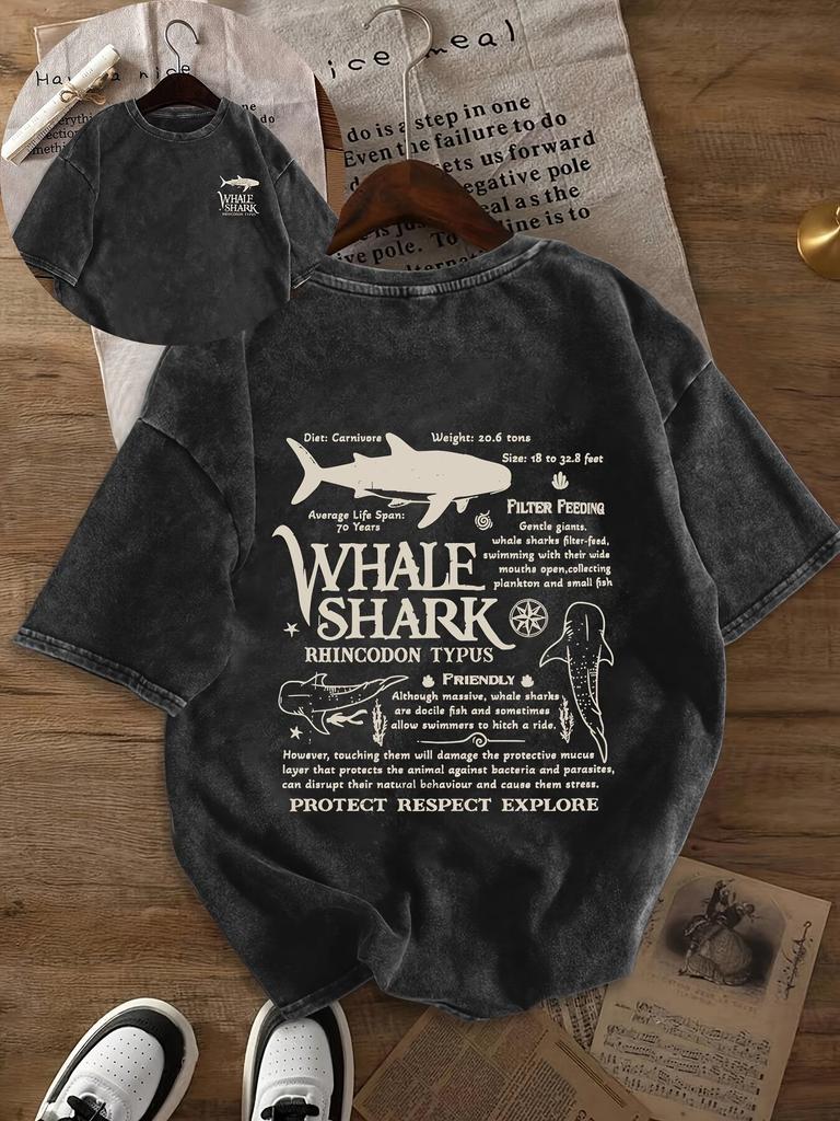 Hip Hop Unisex Washed Cotton Casual Loose Fit Graphic T-Shirt Whale Shark Cartoon Print Summer Short Sleeve