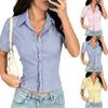 Damska koszula w paski zapinana na guziki, Krótki rękaw, Kołnierzyk, Dopasowana, Krótka bluzka, Codzienny letni top slim fit