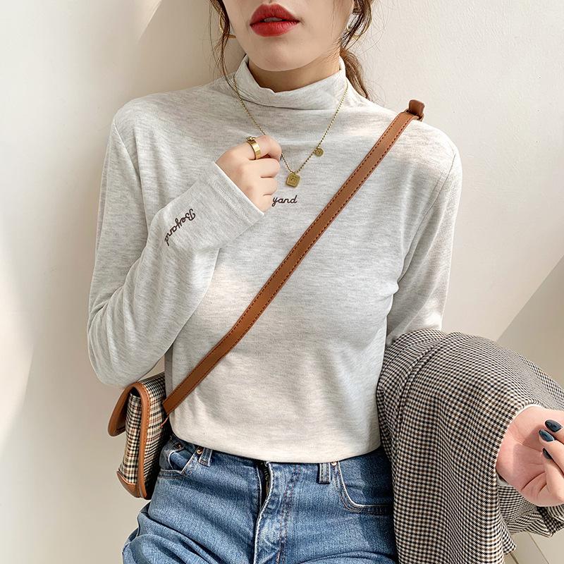 Letter embroidered semi-turtleneck bottoming shirt women's polished thermal long-sleeved T-shirt spring suit inner top