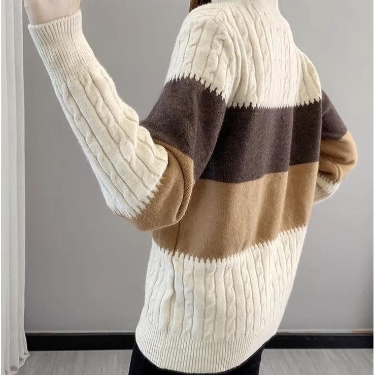 Women's Half Turtleneck Sweater Fall Winter Loose Knit Sweater Top Pullover Knit Jumper Color-blocked Plaid Knitwear