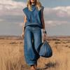 Summer 2 Piece Denim Set for Women Cap Sleeve Mock Neck Top And Wide Leg Pants Set Casual Loose Loungewear Outfit