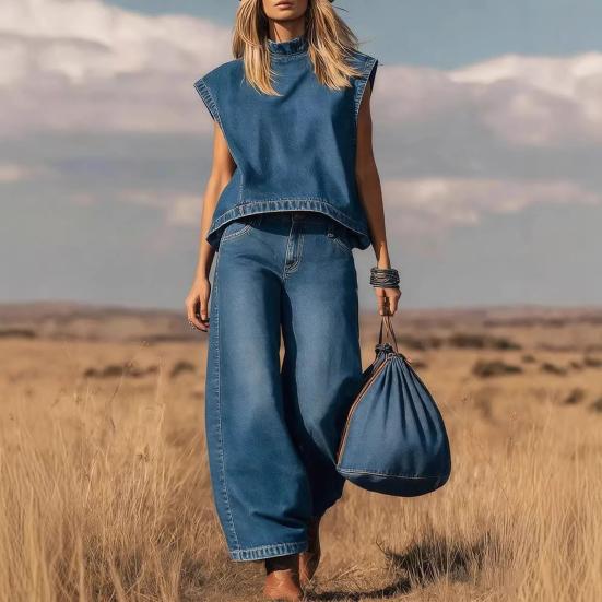 Summer 2 Piece Denim Set for Women Cap Sleeve Mock Neck Top And Wide Leg Pants Set Casual Loose Loungewear Outfit