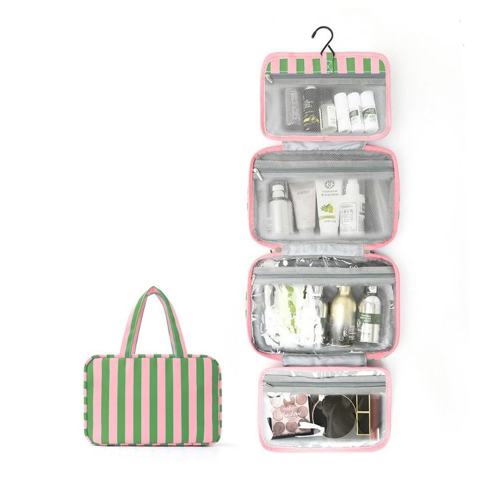 Trousse de Toilette de Voyage Portable à Suspendre Rayée Pliable en 4 Organisateur Cosmétique avec Crochet Grande Capacité Sac à Maquillage Extérieur white