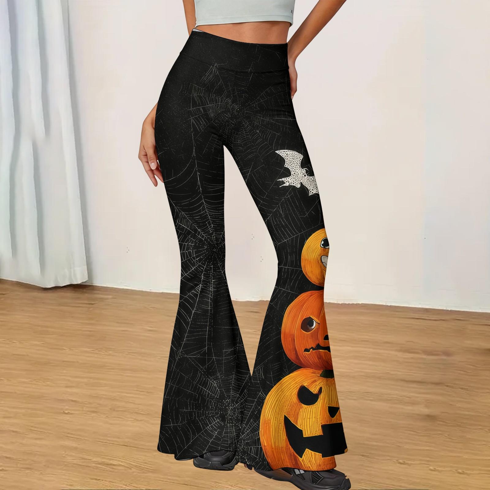 Women’s Casual Halloween Print Flared Yoga Pants High Waist Stretchy Bell Bottoms Web Pumpkin Bat Pattern Trousers S