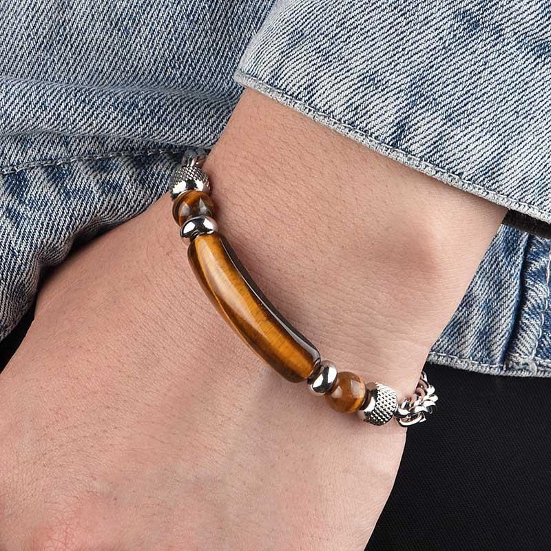 3 Colors Stainless Steel Cuban Chain Bracelet Men Adjustable Unfading Tiger Eyes Obsidian Stone Braslet Cool Riding Accessories