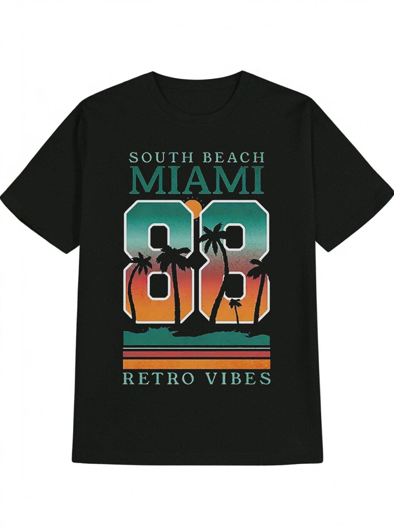 

Retro Miami Vibes Graphic T-shirt - Black Crew Neck Tee with South Beach 89 Design S