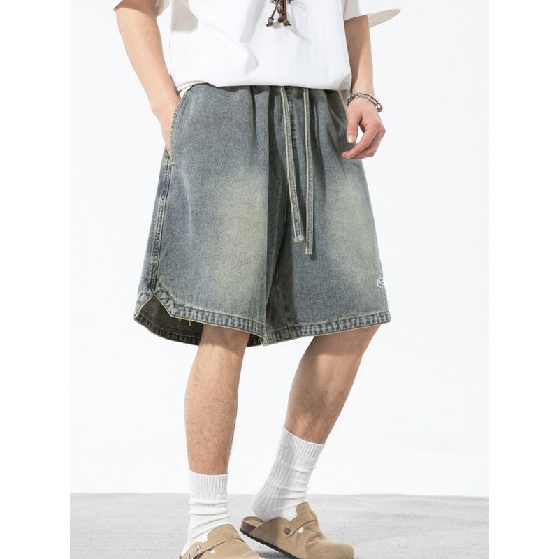 Wassup American Retro Washed Straight-Leg Denim Shorts for Men, Trendy Hip-Hop Street Style Loose Wide-Leg Five-Point Pants