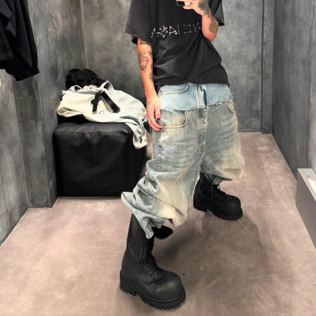 RogueWave CUT-UP Dobbeltlags Jeans med dobbel midje og patchwork-design for menn og kvinner. Rette, avslappede, løse denimbukser i oversized størrelse.