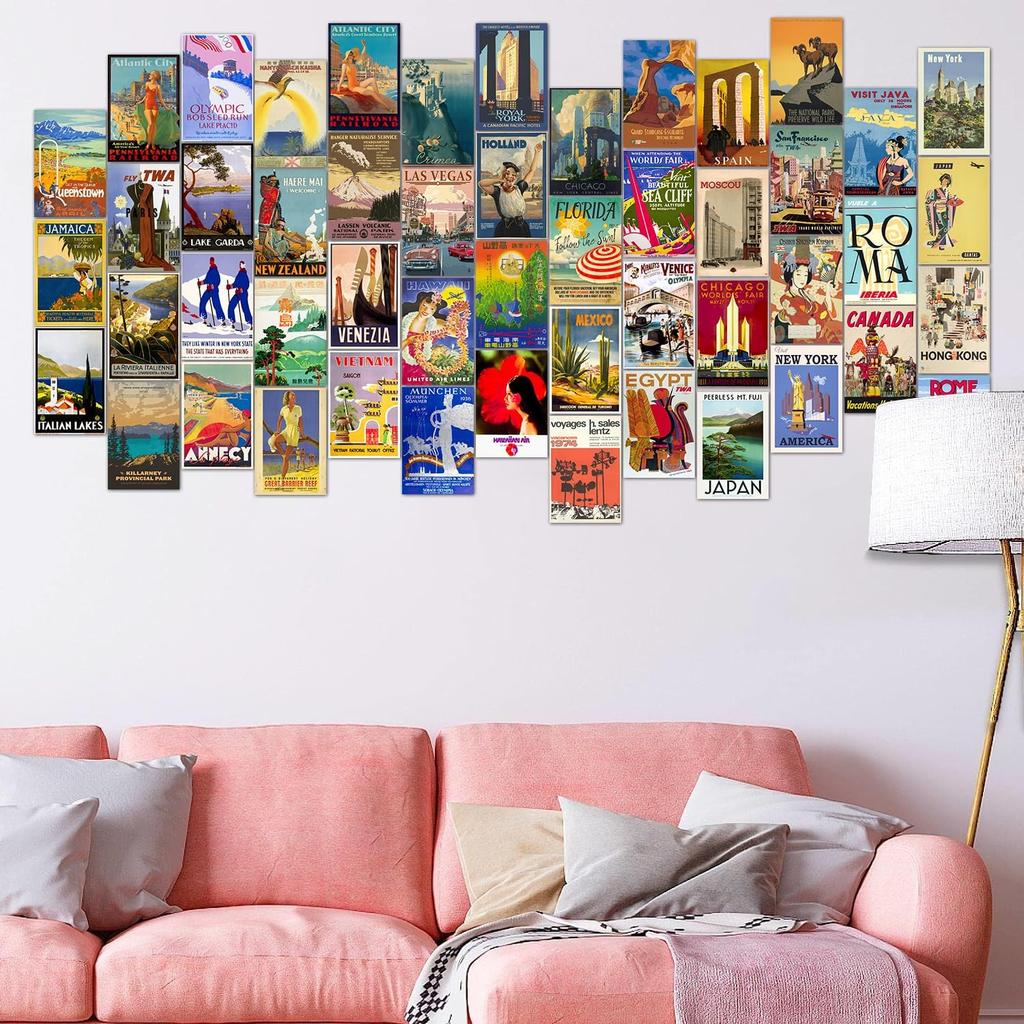 TRAMIN 50 PCS Vintage Travel Decor Posters, Retro Popular Cities Photo Collage Kit, World Travel Wall Art Prints, Trendy City Landscape Aesthetic