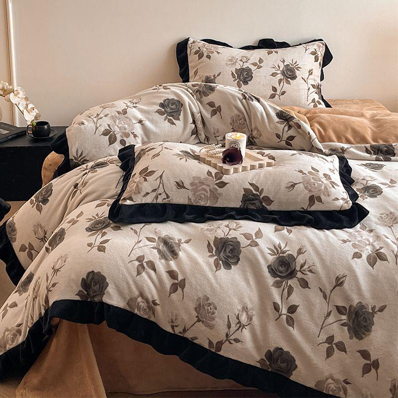 G5Z Melkfluweel & Kant Beddengoed Set: Verdikte Vierdelige Flanel & Koraalvlies, Dubbelzijdig met Dekbedovertrek.