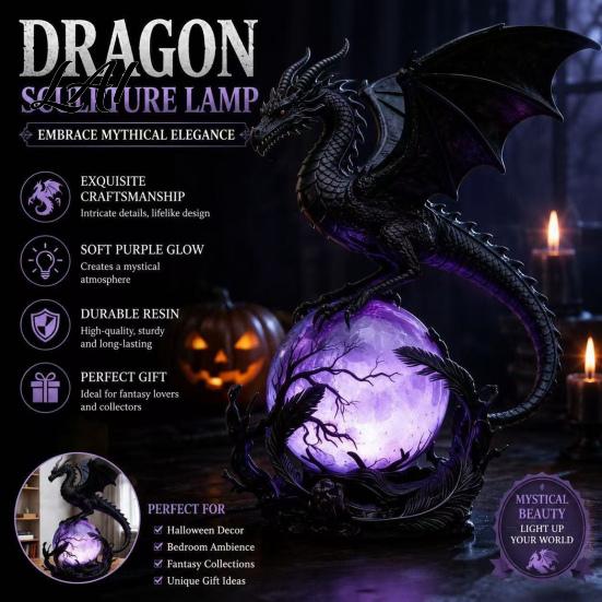Fantasy Collection Item Gothic Dragon Night Light Resin Statue with Purple Glowing Crystal Unique Holiday Gift for Lovers Sphere Table Lamp