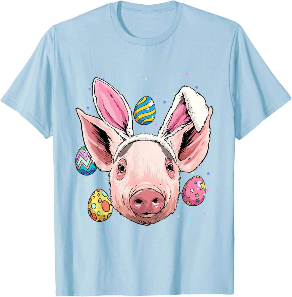 Lustiges Schwein mit Hasenohren Ostereier Grafik T-Shirt Lässiges Baumwoll Kurzarm-T-Shirt für Herren