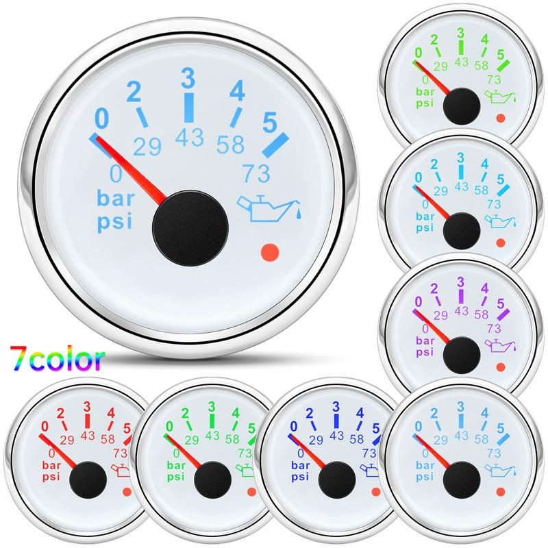 7 Color Light Pointer 52mm Oil Pressure Gauge with Sensor Alarm 0-5Bar,0-10Bar Oil Press Meter Indicator for Car Boat Yacht
