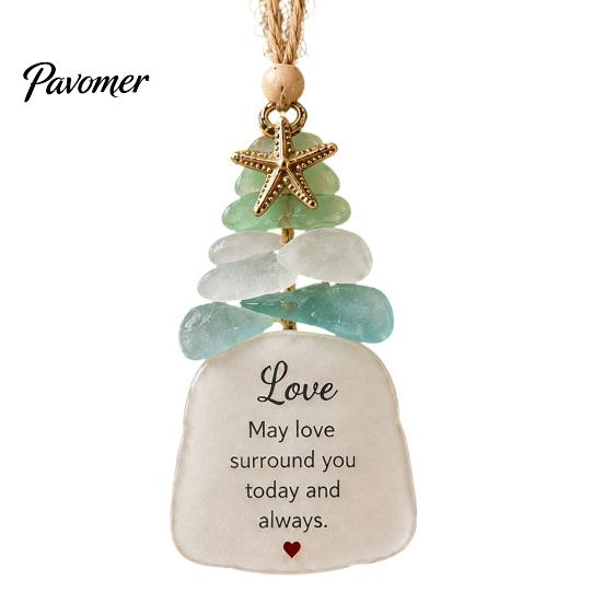 Handmade Christmas Ornament Sea Glass Tree Ornament, Seaglass Art Hanging Decor with Starfish Charm, Festive Window Door Peace Love Joy Faith